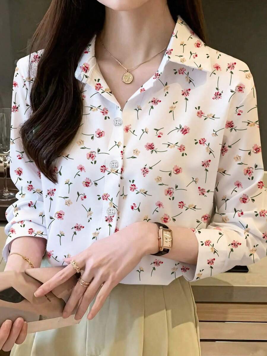 Plus Size Women Floral Print Loose Turndown Collar Button Down Long Sleeve Shirt, Elegant Casual Suitable For Office And Daily Wear, Spring/Autumn