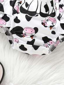 两件套休闲优雅甜美可爱女宝宝秋季套装，柔软舒适，3D奶牛贴花层叠波点印花荷叶边连体衣和发带 - 彩色 - 查看 6