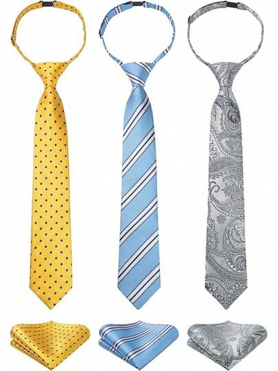 3pcs Pre-Tied Neckties  Pocket Square Set Neck Strap Tie