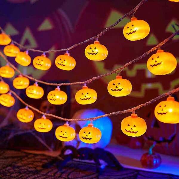 1 pieza Luz de decoración de calabaza de Halloween de 1.5M/10LED o 3M/20LED, blanco cálido, calabaza moldeada por soplado con sonrisa, alimentada por batería, adecuada para uso en interiores/exteriores, marco de ventana/pared/puerta o fondo de fiesta, gran regalo para fiesta de Halloween, decoración de dormitorio, fondo de fotografía