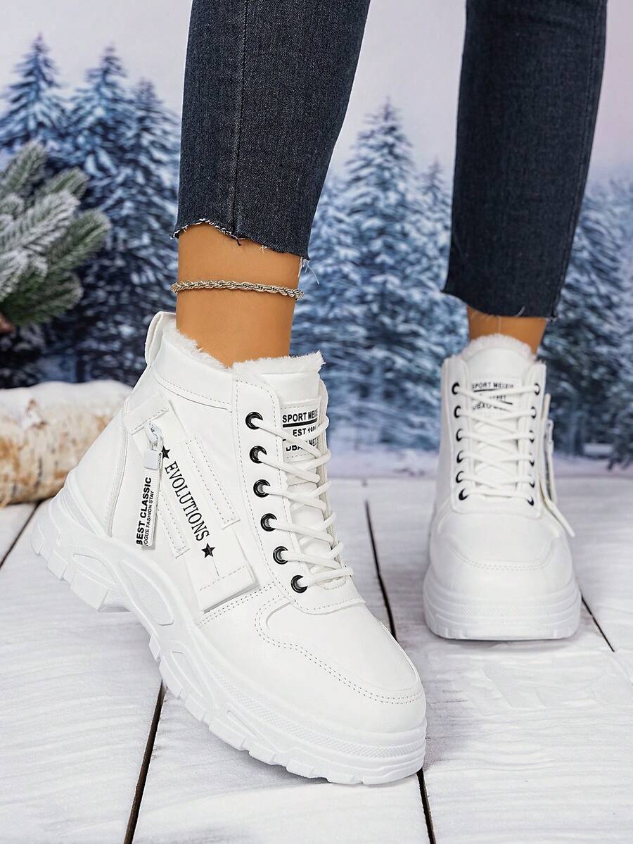 男女童及青少年厚底靴，新款秋冬毛绒内衬高帮雪地靴 - 白色 - 查看 1