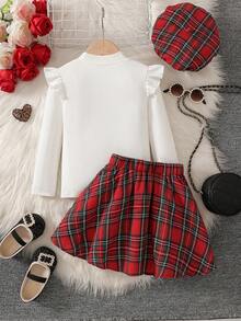 3pcs Girls Christmas Outfit Set: Long Sleeve Plaid Heart Pattern Top, Matching Skirt, And Hat, Suitable For Spring/Autumn - White - View 2