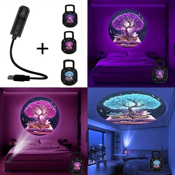 1件生命之樹LED投影小夜燈，多種燈光色彩效果－USB供電，安裝簡單，360°旋轉調節，適合房間裝飾、拍照背景、禮物、萬聖節、聖誕節及節日裝飾