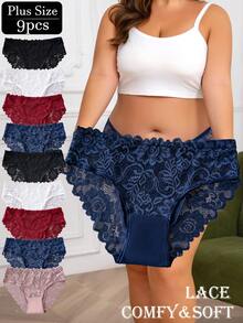 9 Stücke Damen Große Größen Spitzen Unterwäsche - Blume Muster, atmungsaktiv & bequem, nahtlose Höschen, weiche Alltagsgrundslips