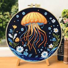 1 件刺绣套装，20x20cm/7.9x7.9 英寸，美丽的水母图案，适合成人和初学者的手工 DIY 刺绣套装，包括绣花布、说明书、绣花绷和针，适合送给朋友或家人的节日礼物、家具、办公室手工艺术品