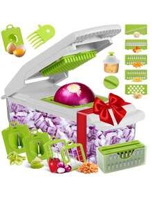 18 قطعة مفرمة الخضروات، شرّاحة الفاكهة متعددة الوظائف، شرّاحة الطعام اليدوية، شرّاحة الخضروات، آلة تقطيع مع وعاء، مفرمة البصل، مبشرة البطاطس المنزلية، لوازم المطبخ، أدوات مطبخ صغيرة، ملحقات المطبخ، أساسيات المطبخ