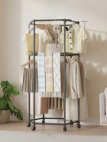 6-Sided Rotating Clothes Rack With Wheels - Sturdy Metal Tube, Freestanding Hanger, Portable Design, Efficient Clothing Storage And Display, Black/White, Laundry Room Organizer | Hexagonal Design | Metal Structure, All-Season Laundry Organizer | Hexagonal Shape - Multicolor - View 5