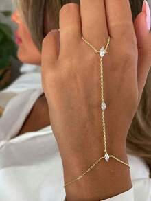 Bohemian Crystal Finger Ring Bracelet Hand Chain Harness Rhinestone Gold Hand Jewelry For Women Dainty Accessory