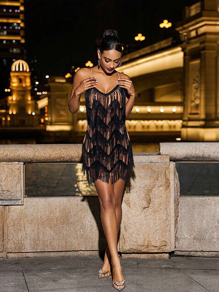 Basrey Spaghetti Strap V-Neck Lightweight Sequin Fringe Cocktail
