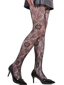 1 双黑色碎花渔网紧身裤，女士薄款蕾丝镂空网格连裤袜，适合春秋季的深色美学，藤蔓图案趣味万圣节/节日 JK 紧身连裤袜，透气透明性感紧身袜 - 黑色 - 查看 4