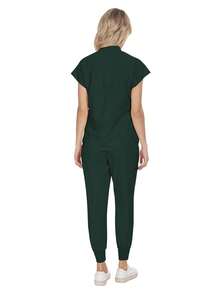 Bộ đồ phẫu thuật thời trang bán sỉ, đồng phục bệnh viện nha khoa, màu trơn, áo choàng phẫu thuật, cổ chữ V có túi, bộ đồ y tế cho nữ, quần jogger, bộ đồ mùa xuân. - Màu xanh lá cây đậm - Xem 2