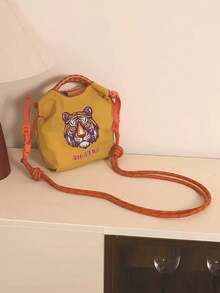 1pc New Fashion Embroidered Cute Tiger Head Design Foldable Nylon Tote Bag, Adjustable Shoulder Strap, Suitable For Commuting, Party, Shoulder/Crossbody, Bags For Ladies Fashionable