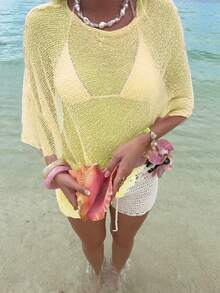 Women Sheer Mesh Poncho Top Crochet Knit Lightweight See Through Shawl Wrap Summer Oversized Loose Shrug Beachwear Swimsuit Bikini Cover Ups - 黃色 - 查看 2