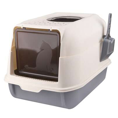Katzentoilette, geschlossene Katzentoilette mit Schaufel, durchscheinende Tür, 2 Ein- und Ausstiegsmöglichkeiten, Grau/Schwarz/Blau/Orange