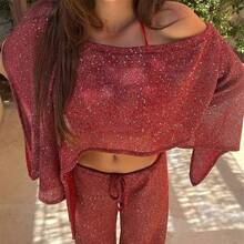 Women Sequin Shiny Glitter Knit Poncho Off Shoulder See-Through Crochet Cape Sheer Shrug Lightweight  Summer Holiday Beachwear Sheer Mesh Swimsuit Bikini Cover Ups Poncho Top Shawl - Đỏ - Xem 6