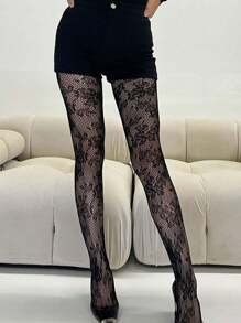1 双黑色网状花卉渔网袜 | 性感透明蕾丝紧身裤，适合春秋季节 | 隐形黑色蕾丝袜，适合日常、户外、派对和节日穿着，万圣节圣诞节礼物