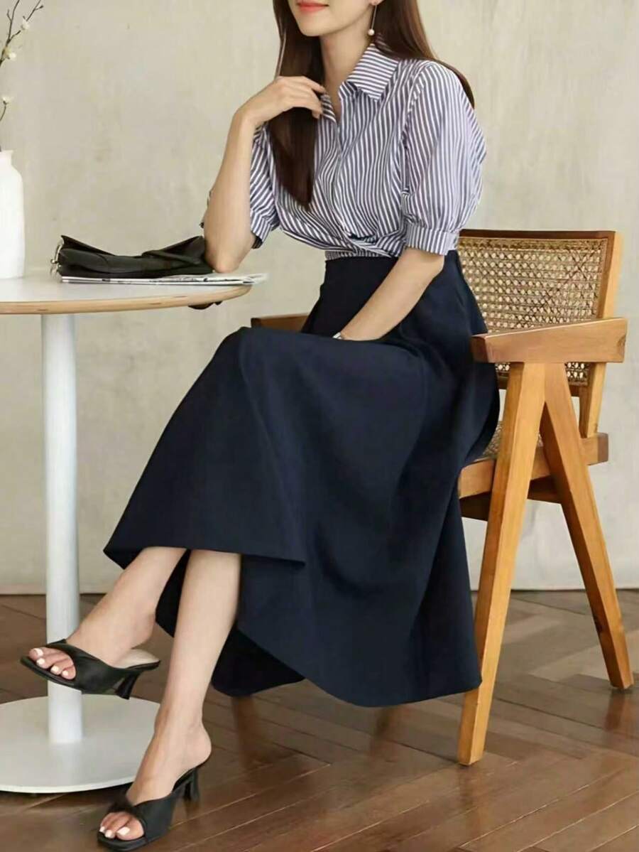 纯色及膝铅笔裙，适合上班