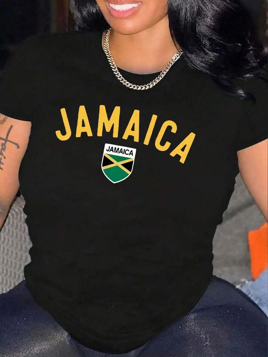 Women's Jamaica Flag Pattern T-Shirt, Casual Round Neck Short Sleeve Top, Polyester 95% Spandex 5%, Regular Length, Spring Summer Fabric Clothing - 黑色 - 查看 1