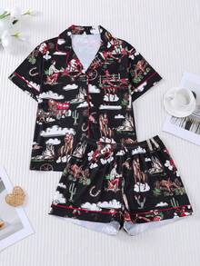 Bộ đồ ngủ 2 món họa tiết xe ngựa cao bồi miền Tây cho nữ, quần đùi hoạt hình, cạp chun, cổ bẻ, thoải mái cho mọi mùa - màu đen - Xem 2