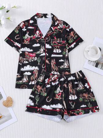 2 piezas Conjunto de pijama de mujer estilo vaquero occidental con estampado de carruaje, short con cintura elástica y cuello vuelto, diseño de dibujos animados, cómodo para todas las estaciones