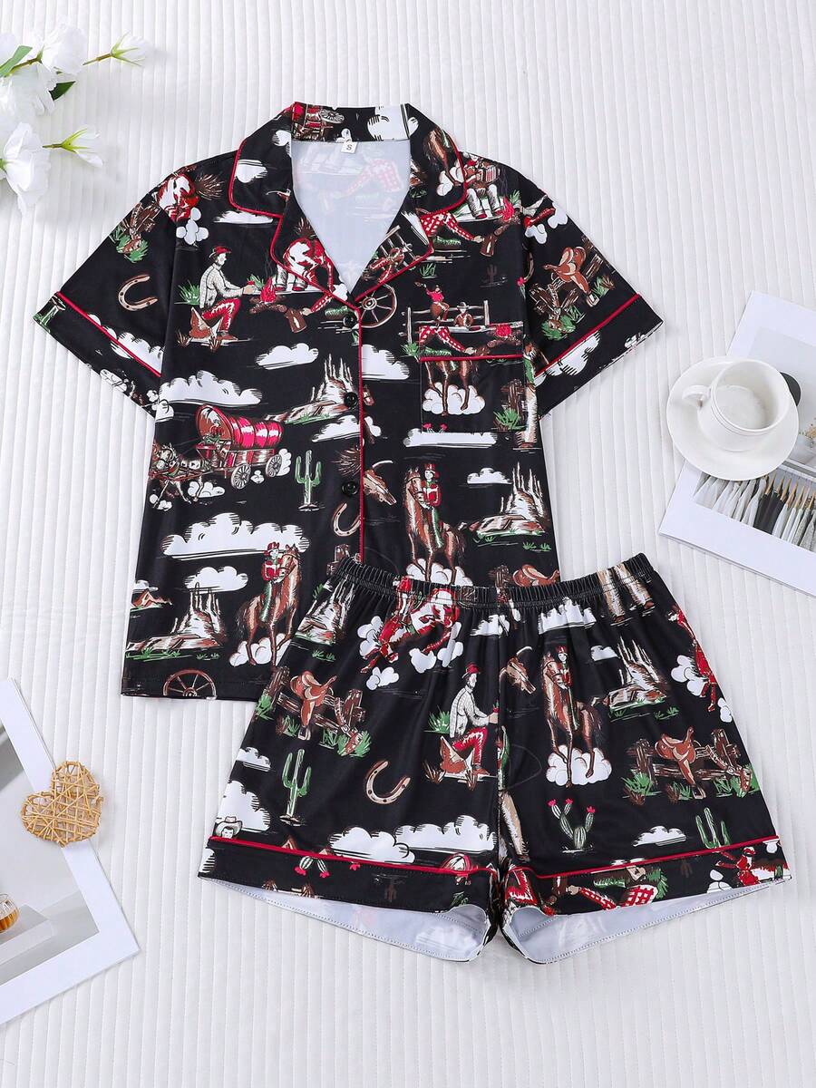 Bộ đồ ngủ 2 món họa tiết xe ngựa cao bồi miền Tây cho nữ, quần đùi hoạt hình, cạp chun, cổ bẻ, thoải mái cho mọi mùa