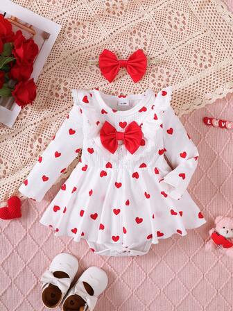 Newborn Baby Girls' Casual Cute Red Bow Decor Patchwork Ribbed Red Heart Print White Lace Collar Long Sleeve Bodysuit Dress, Bow Headband, Princess Photoshoot Outfit, Spring/Autumn 2025 New Arrival