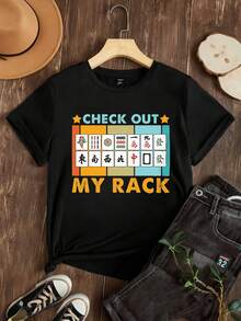 Women's-Shirt Casual Round Neck Black White Options Mahjong CHECK OUT MY RACK Print Graphic Tee Daily Wear Shirts Summer Tops Graphic Tees Summer Outfits Women Graphic Tees Women Crop Tops Tops Women Vintage Cotton Cute Clothes Women - 黑色 - 查看 2