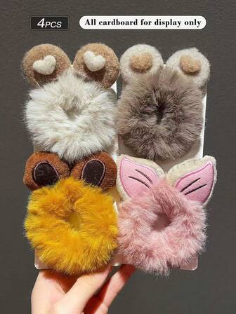 4pcs Women's Plush Autumn/Winter Scrunchies, Cute Cat Ear & Rabbit Ear Hair Accessories, Winter Fall Autumn Accessories, Hair Ties, Scrunchy Hair Ties, Sport ,Head Piece