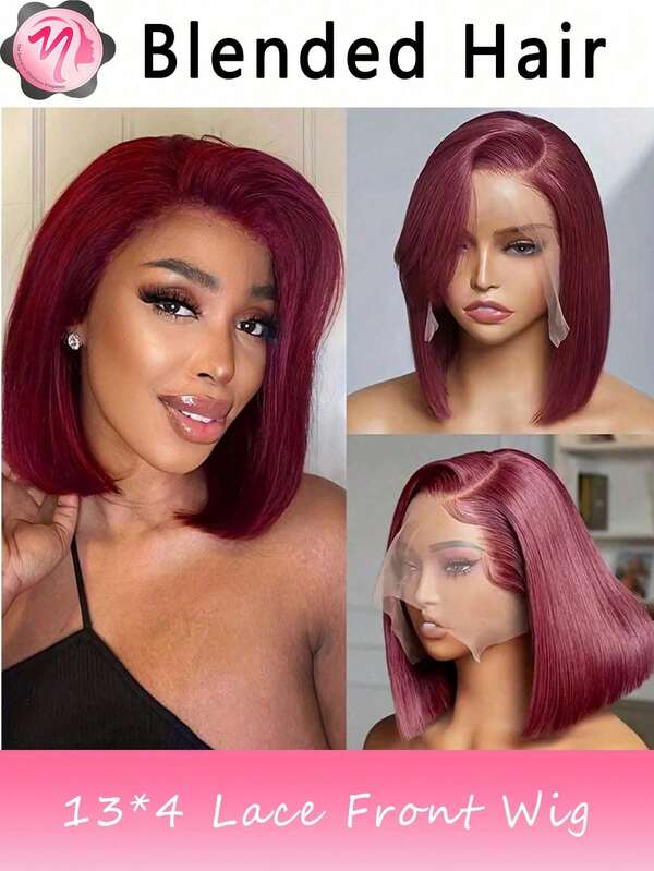 Blended Wigs-A Mix Of Human Blended Hair And Synthetic Glueless Brazilian Remy Straight Bob Wig For Women - 13x4 Lace, 180% Density, Pre-Plucked & Pre-Cut, #99J Burgundy, Put On And Go Human Blended Hair Wig With Bye Bye Knots Design Blended Hair