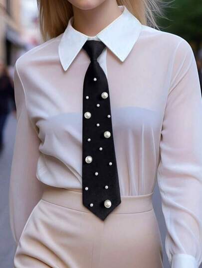 1 pieza Corbata negra sólida de mujer con perlas falsas, adecuada para camisa uniforme, traje, corbata holgada para uso diario, para vestir, para decoración navideña