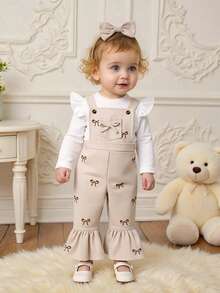 新生儿三件套服装：休闲可爱优雅白色长袖连体衣、驼色刺绣蝴蝶结连体裤和蝴蝶结发带，夏季日常穿搭 - 駝色 - 查看 11