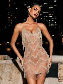 Basrey Vestido de cóctel con tirantes, cuello en V, ligero y delgado, con flecos de lentejuelas, adecuado para ceremonias de graduación, fiestas de cumpleaños, fiestas de cóctel, atuendos de club para mujeres, vestidos de cumpleaños para mujeres, atuendos de vacaciones para mujeres