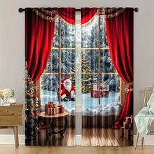 Conjunto de 2 Cortinas de Natal com Árvore de Natal - Bolso para Varão, Impressão Digital, Tecido de Poliéster, Apresentando Cena Natalina Nevosa com Boneco de Neve e Presentes, Decoração Vermelha e Branca Adequada para Sala de Estar, Cozinha, Quarto, Sala de Jantar, Decoração de Natal para Casa (Efeito Estampado, Sem Painéis de Cortina) Decorações de Natal Decoração de Casa Decoração de Quarto - Multicolorido - Ver 14