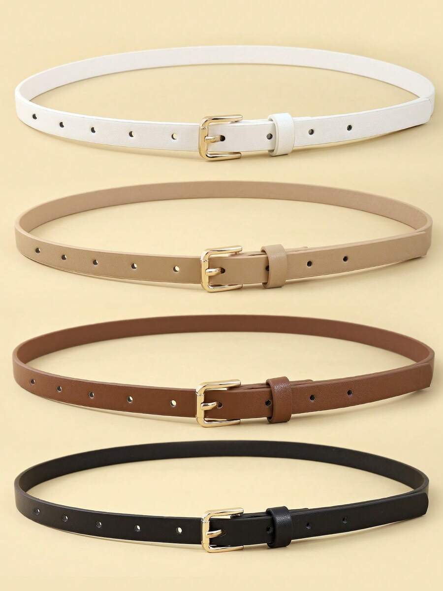 4pcs Women's Square Gold Buckle Classic PU Leather Solid Color Thin Belts For Casual Jeans - bộ thắt lưng - Xem 1