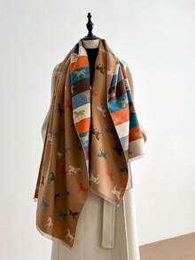 1pc Elegant High-Quality Jacquard Lamb Wool-Like Horse Pattern Scarf, Warm And Fashionable For Women, Suitable For Air-Conditioned Rooms, Autumn/Winter For Dress
