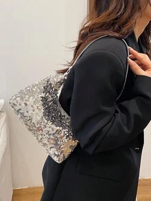 1pc Fashionable Sequin Silver Tote Bag, Casual Women's Shoulder Bag, Versatile White Backpack - Silver - View 10