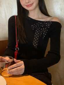 Alicedudu Women's Autumn/Winter Elegant Slim Fit Polka Dot Bow Design Pullover - Black - View 3