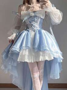 Blue Lolita Dress Design, Short In Front And Long In Back, Bride, Heavy Industry, Big Ribbon, Princess With Tail - Màu xanh (có tay áo và hoa) - Xem 8