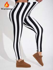 1 Pack Women's Thermal Lined Leggings, Black & White, Fashionable Casual Minimalist Elegant, High Stretch Warm Slimming Skinny Plaid Striped All-Over Print, Suitable For Home, Workout, Yoga, Fitness, Outdoor Walking, Party, Gift