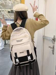 SLIN&LXZQ Letter Graphic Classic Backpack With Cartoon Charm Preppy Badge Decor For School - Black - View 1