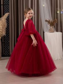 Tween Girl Burgundy Lace Embroidered Bow Mesh Elegant Party Princess Dress, Suitable For Girls' Birthday Party, Banquet, Formal Occasion, Prom, Wedding, Flower Girl