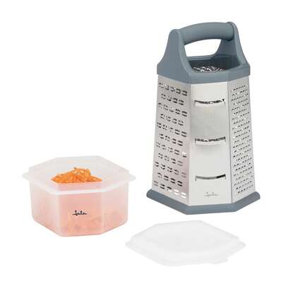 Rallador de Queso y Verduras Hexagona JATA HRAL3269 Manual con 6 Caras y Contenedor para Alimentos. De Acero Inox. Rallado grueso, fino, raspador, laminador y corte juliana