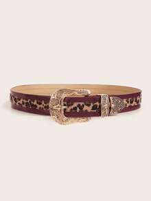 1pc Women's Retro Western Metal Buckle Burgundy Leopard Print Multi-Color Dragon Pattern Flower Belt Jeans Versatile Decorative Belt - Đường khâu họa tiết da báo màu đỏ tía - Xem 3