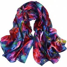 100% Mulberry Silk Scarf For Women Lightweight Long Scarves Beach Wraps Cover Up -Travel Photography Scarfhalloween - Blue Red - 查看 1