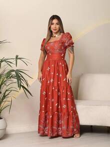 Elegant Long Women's Dress With Print And Short Sleeves - Burnt Orange - View 3