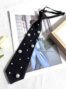 Women's Solid Black Tie, Suitable For Uniform Shirt Suit, Slouchy Tie For Daily Use For Dress For Christmas Decor - Pearl Tie - View 4