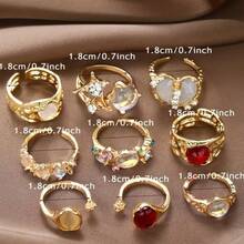 Irregular Shaped Artificial Crystal Open Ring Set, Retro Bohemian Style Stacked Ring Set, Women's Fashionable Jewelry Party Daily Wear Vacation Gift - 9Pcs/Set - 查看 4