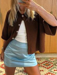 SCUSTY Women's Lightweight Cardigan Short Sleeve Button-Down Summer Cardigan Sweater Fall - Brown - View 5