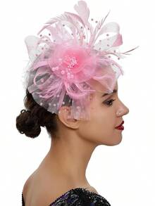Ibeauti Fascinator Hats With Screentouch Lace Gloves Set Women Tea Party Cocktail Wedding Derby Headwear Short Gloves - 02 粉紅色 - 查看 2
