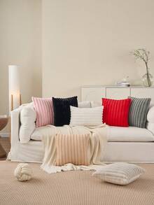 Funda decorativa de almohada de piel de conejo a rayas de unicolor, tela de lino holandesa reversible, funda de cojín cuadrada, decoración del hogar para días festivos, tela de terciopelo suave, decoración moderna para sofá, hogar, dormitorio, decoración de otoño, decoración de sala - Negro - Ver 8